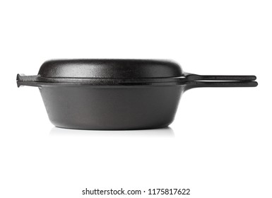 Empty, Clean Black Cast Iron Pan Or Dutch Oven Side View Over White Background