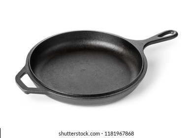 Empty, Clean Black Cast Iron Pan Or Dutch Oven Over White Background