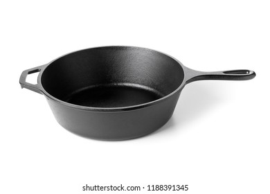 Empty, Clean Black Cast Iron Pan Or Dutch Oven Over White Background