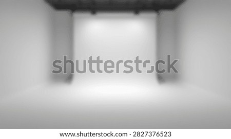 An empty, clean, and bright photography studio with a seamless white backdrop and overhead lighting setup.