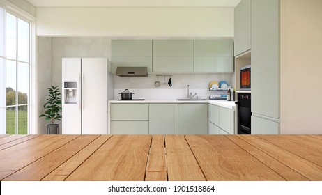 Empty Clean And Polished Wooden Table In The Kitchen Room With Nobody For Home Commercial Products Display. 3D Render Image Showing Home Decoration, Advertising, Mock Up, Background.