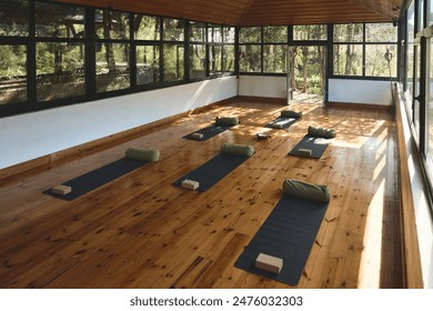 Empty clean yoga gym room studio interior with big windows mats on wooden floor. Place for yoga exercises group meditation practices retreats sessions background in natural forest garden area building - Powered by Shutterstock