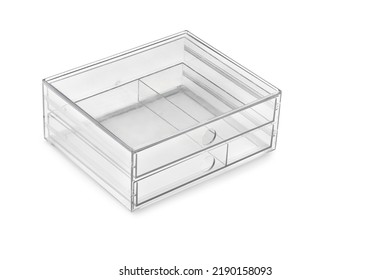 Empty Clear Acrylic Box With Drawers On White Background.