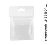 Empty clear plastic pouch bag with white blank paper top and hanging hole.