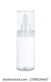 Empty Clear Plastic Spray Bottle with white Pump and Protective Cap Isolated on White Background.