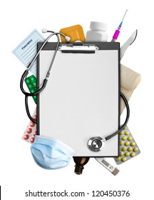 Empty clipboard and medical supplies