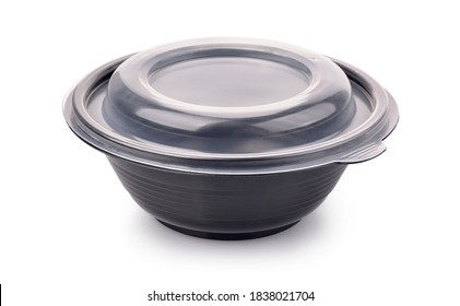 Empty closed disposable plastic takeaway bowl isolated on white