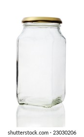 Empty closed glass jar isolated on white background - Shutterstock ID 23030206