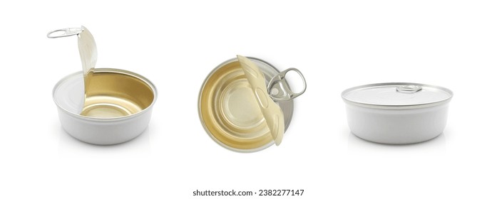 Empty and closed metal tin can with preserved food isolated set on white background, side and top view  