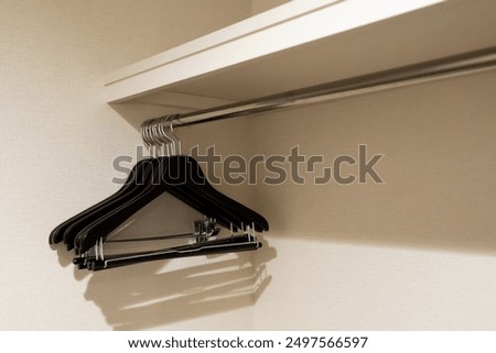 An empty closet featuring a row of dark wooden hangers object and metal pants hangers arranged neatly on a stainless rod interior design for minimal home