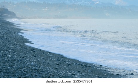 Empty Coastline Pebble Beach. Ocean Waves On Beach. Nature And Relaxation Concept. Static View. - Powered by Shutterstock