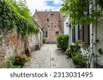 Empty Cobblestone street or laneway in the Groot Begijnhof, the large beguinage of the medieval city of Mechelen, Flanders, Antwerp, Belgium . High quality photo