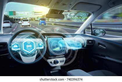 Empty Cockpit Of Autonomous Car, HUD(Head Up Display) And Digital Speedometer. Self-driving Vehicle.