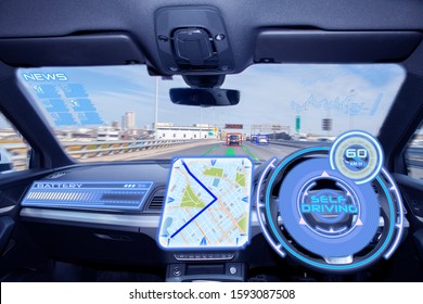 Empty cockpit of vehicle, HUD(Head Up Display) and digital speedometer. autonomous car. driverless car. self-driving vehicle. - Powered by Shutterstock