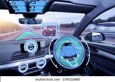 Empty cockpit of vehicle, HUD(Head Up Display) and digital speedometer. autonomous car. driverless car. self-driving vehicle. - Powered by Shutterstock