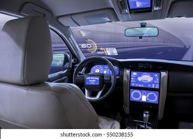 empty cockpit of vehicle, HUD(Head Up Display) and digital speedometer