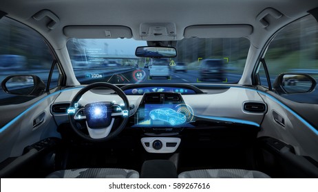 empty cockpit of vehicle, HUD(Head Up Display) and digital speedometer. autonomous car. driverless car. self-driving vehicle.