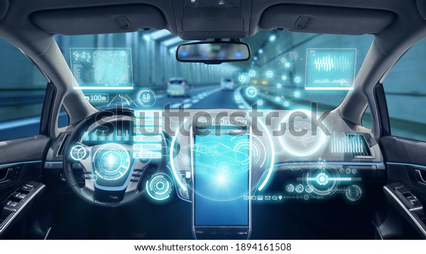 empty cockpit of vehicle, HUD(Head Up Display)\
and digital speedometer. autonomous car. driverless car.\
self-driving vehicle.