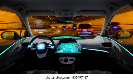 empty cockpit of vehicle night view, HUD(Head Up Display) and digital speedometer, autonomous car