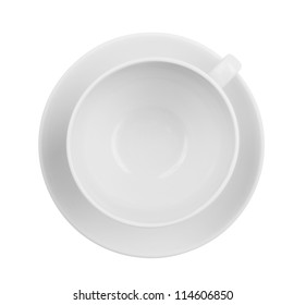 Empty Coffee Or Tea Cup Top View Isolated. Whole Cup And Saucer Are Both In Focus.