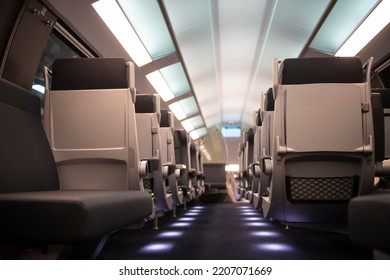 Empty Comfortable Modern Seats Inside Business Class Cabin Of Fast Speed European Train. Interior Of High Speed Train Compartment.