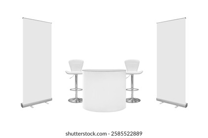 Empty complete set of booth display equipment for trade shows, including a counter, 2 stools, and 2 roll-up signs isolated on white background