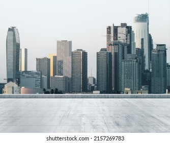 Empty Concrete Dirty Rooftop On The Background Of A Beautiful LA City Skyline At Morning, Mock Up