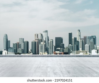 Empty Concrete Dirty Rooftop On The Background Of A Beautiful LA City Skyline At Morning, Mock Up