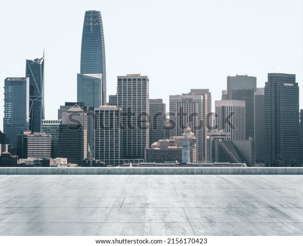 Empty concrete\
dirty rooftop on the background of a beautiful San Francisco city\
skyline at daytime,\
mockup