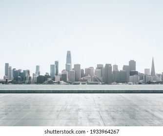 Empty concrete embankment on the background of a beautiful San Francisco skyline at daytime, mock up