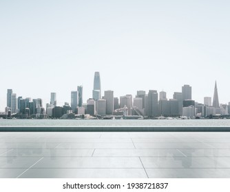 Empty concrete embankment on the background of beautiful San Francisco skyline at daytime, mockup