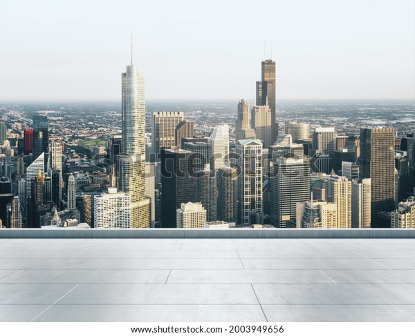 Empty concrete rooftop on the\
background of a beautiful Chicago city skyline at sunset,\
mockup