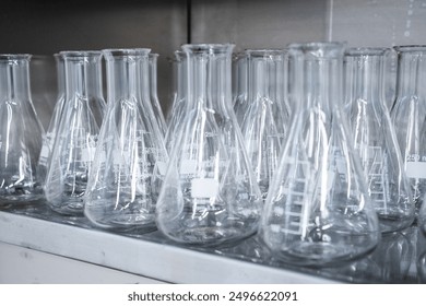 Empty conical Erlenmeyer flasks on the shelf ready for chemical analysis. Laboratory glassware.