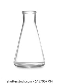 Empty Conical Flask On White Background. Chemistry Glassware