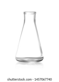 Empty Conical Flask On White Background. Chemistry Glassware