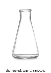 Empty Conical Flask On White Background. Chemistry Glassware