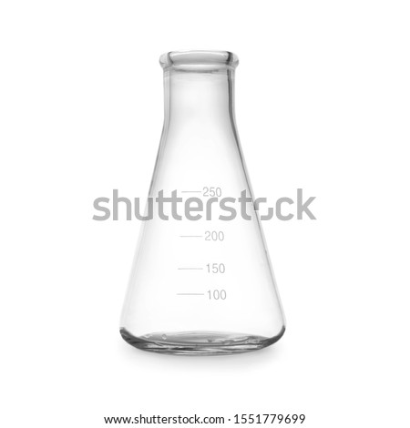 Empty conical flask on white background. Laboratory glassware
