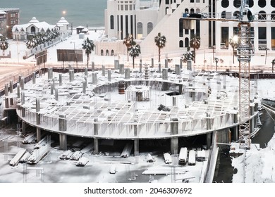 Empty Construction Site Covered With Snow