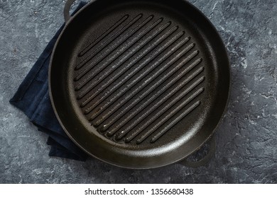 Empty Cooking Grill Pan On Dark Background Top View