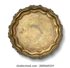 empty copper round vintage plate isolated on white background, fruit dish. View from above - Powered by Shutterstock
