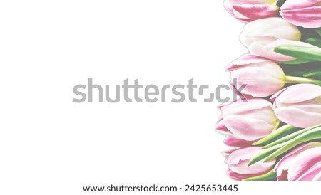Empty, copyspace banner, image for website, desktop, mockup, wallpaper. International Women's Day. March 8. Transparent tulip flowers isolated on black background. Bouquet. Holiday. Congratulation