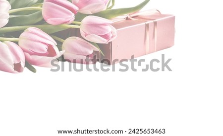 Empty, copyspace banner, image for website, desktop, mockup, wallpaper. International Women's Day March 8. Transparent tulips and present isolated on black background. Bouquet. Holiday. Congratulation