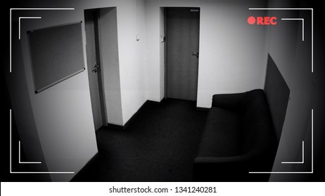 Empty corridor view through surveillance camera, private property protection - Shutterstock ID 1341240281
