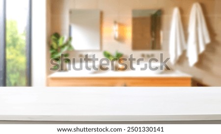 Empty countertop with blurry bathroom background, for design and decoration concepts