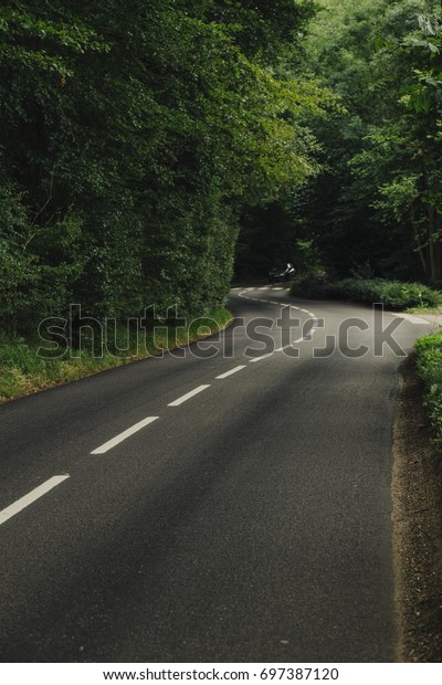 Empty country asphalt road\
passing through the green forest in the region of Normandy, France.\
Nature, countryside landscape, transportation and road network\
concept