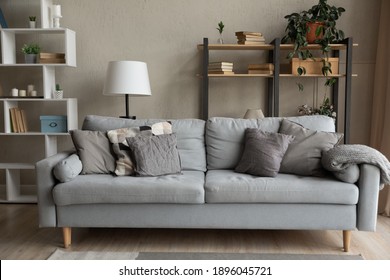 Empty cozy living room with comfortable grey sofa in modern renovated rent home. Comfy couch with no people in new house or apartment. Interior design, rental, real estate concept.