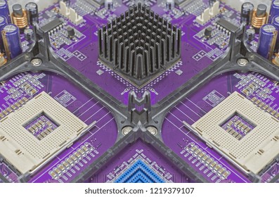 Empty CPU processor socket with pins on motherboard