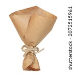 Empty craft paper wrapping cornet tied with beige canvas ribbon isolated on white