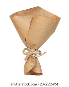 Empty craft paper wrapping cornet tied with beige canvas ribbon isolated on white