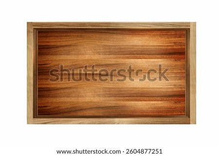 Empty craft rustic dark brown wooden box, cupboard shelf view from the top, storage container showcase